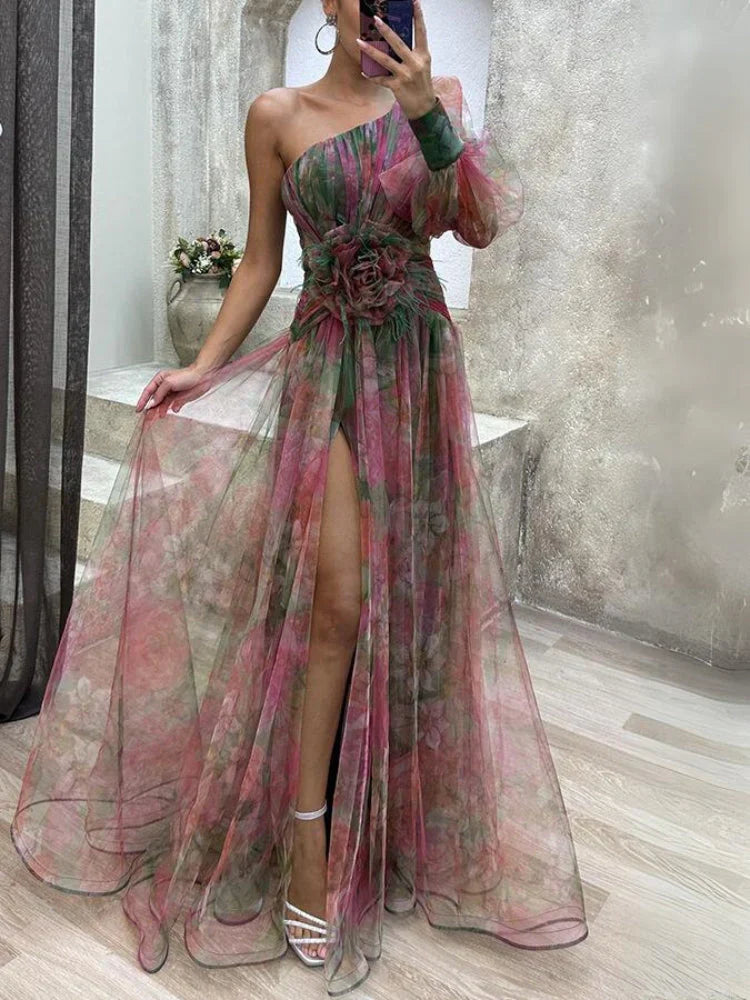 Maxi-Kleid Rosea Asymmetrischer Blumendruck