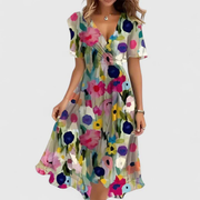 Helga | Damen Blumen V-Ausschnitt Midi Kleid