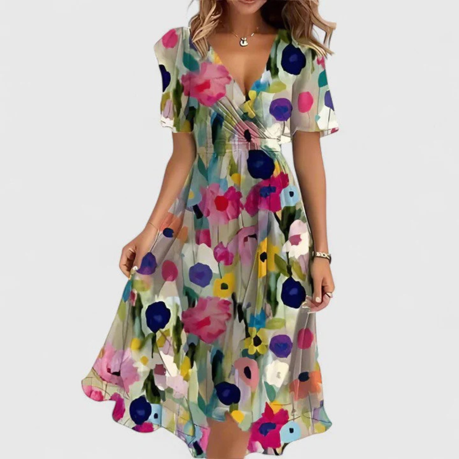 Helga | Damen Blumen V-Ausschnitt Midi Kleid