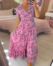 TESSA - LANGES GEMUSTERTES KLEID MIT KNOPFLEISTE