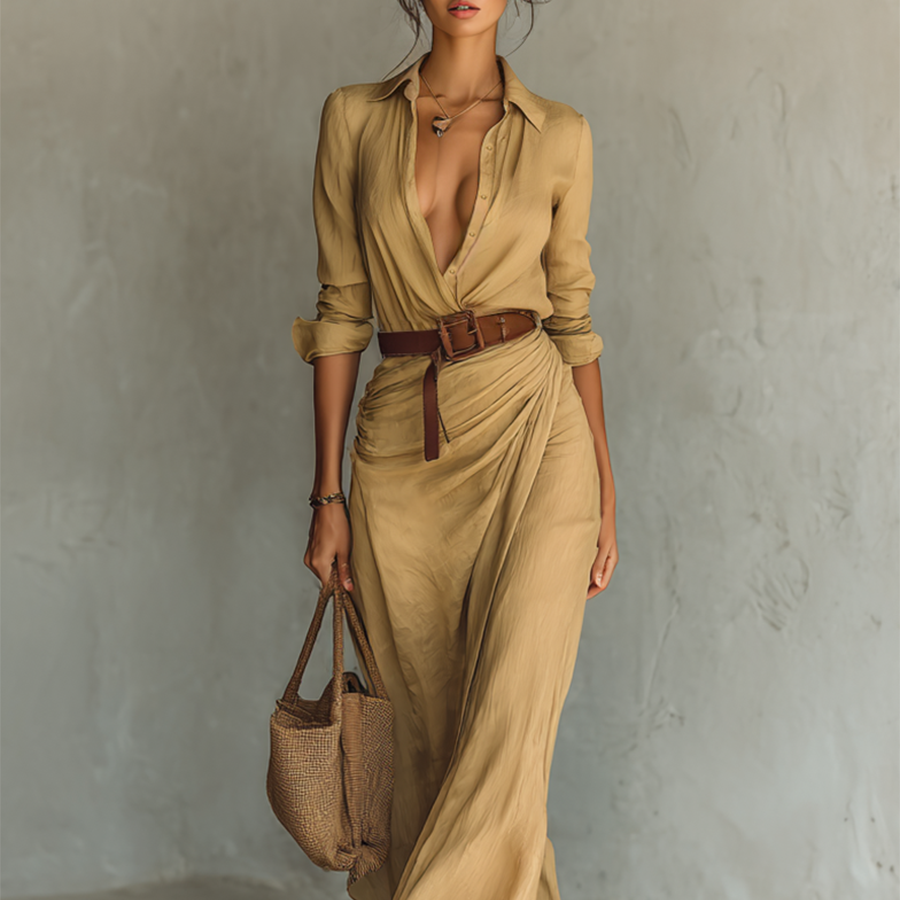 Maxikleid für Damen mit Knopfleiste und Gürtel