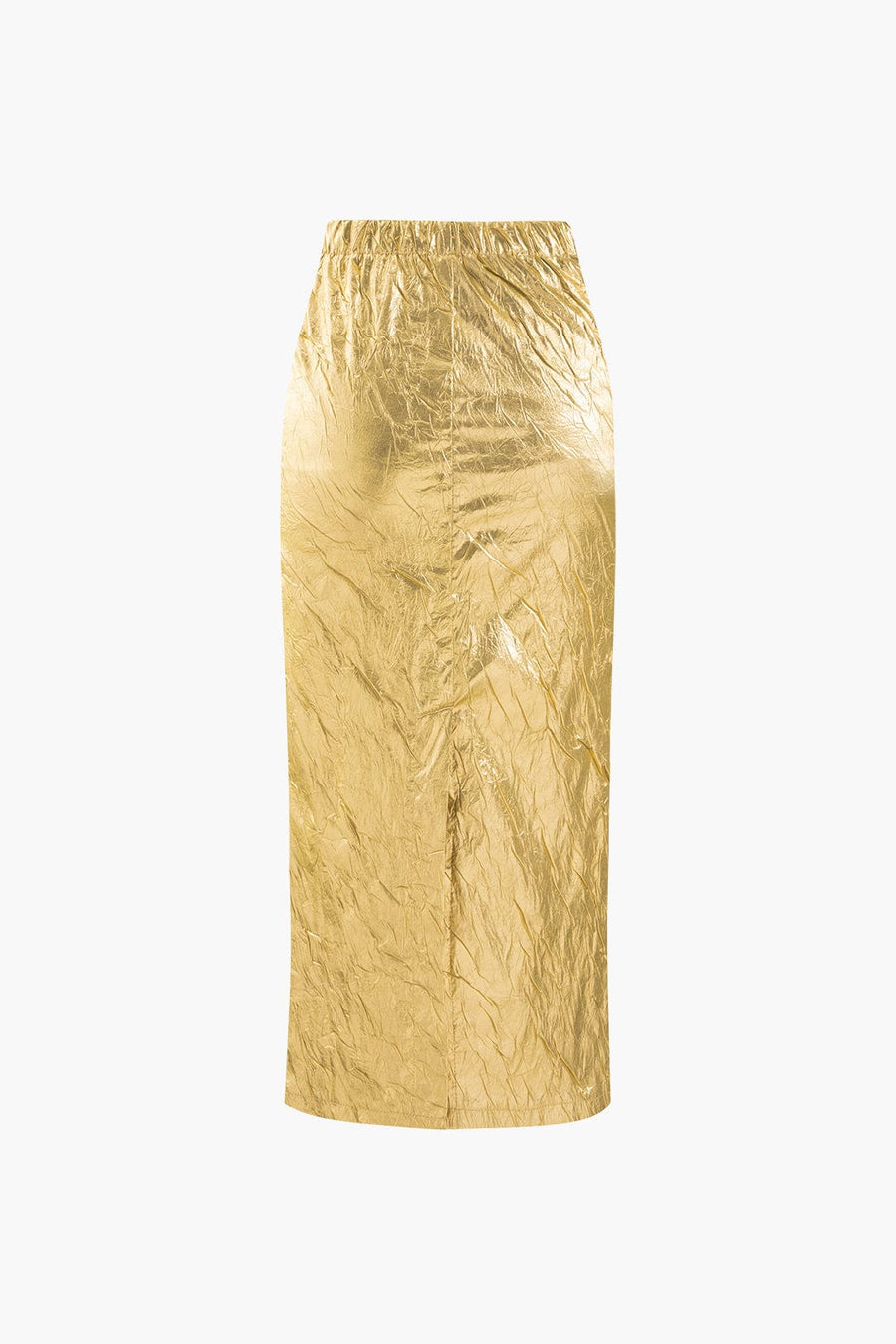 Elfriede | Glänzender Metallic-Midirock mit Crinkle-Effekt und elastischem Bund
