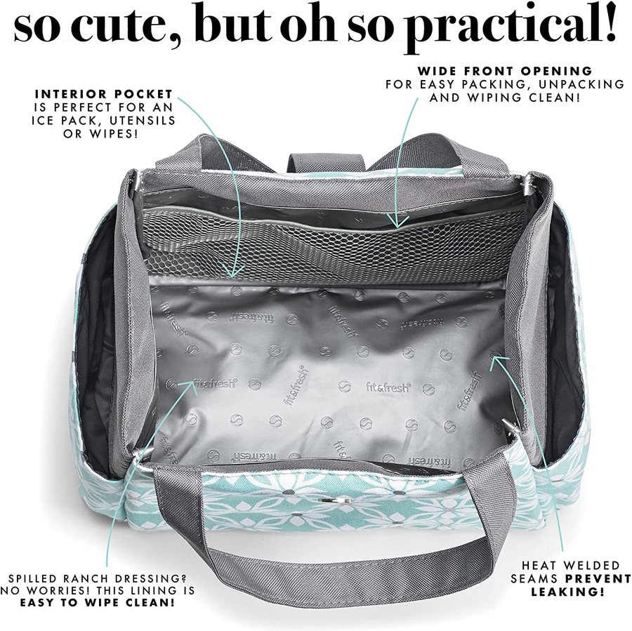 Avelena | Fit + Fresh Westport Isolierte, weich gefütterte Lunchbag-Set mit wiederverwendbaren Behältern und passender Wasserflasche, Schwarz & Weiß Ikat-Fliesen