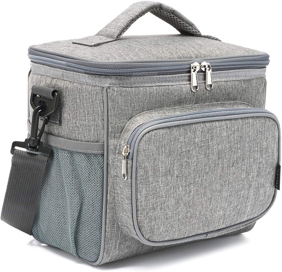 Avelena | Flowfly Isolierte Wiederverwendbare Lunch Tasche Erwachsene Große Lunch Box Für Frauen Und Männer Mit Verstellbarem Schultergurt, Vordertaschenreißverschluss Und Doppelten Großen Netztaschen, Grau