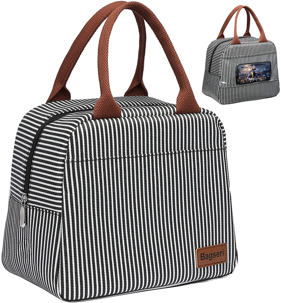 Avelena | Lunchbag, Bagseri Isolierte Lunchbags für Frauen und Männer, Mit Transparenter Handyhalter-Tasche, Wiederverwendbare Lunch-Kühlerbox Thermo-Organizer, Wasserdichte Ausstattung (Schwarz Weiß Streifen)