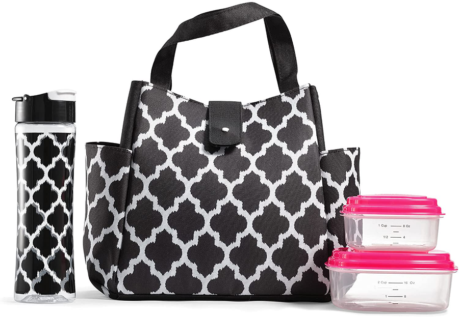 Avelena | Fit + Fresh Westport Isolierte, weich gefütterte Lunchbag-Set mit wiederverwendbaren Behältern und passender Wasserflasche, Schwarz & Weiß Ikat-Fliesen