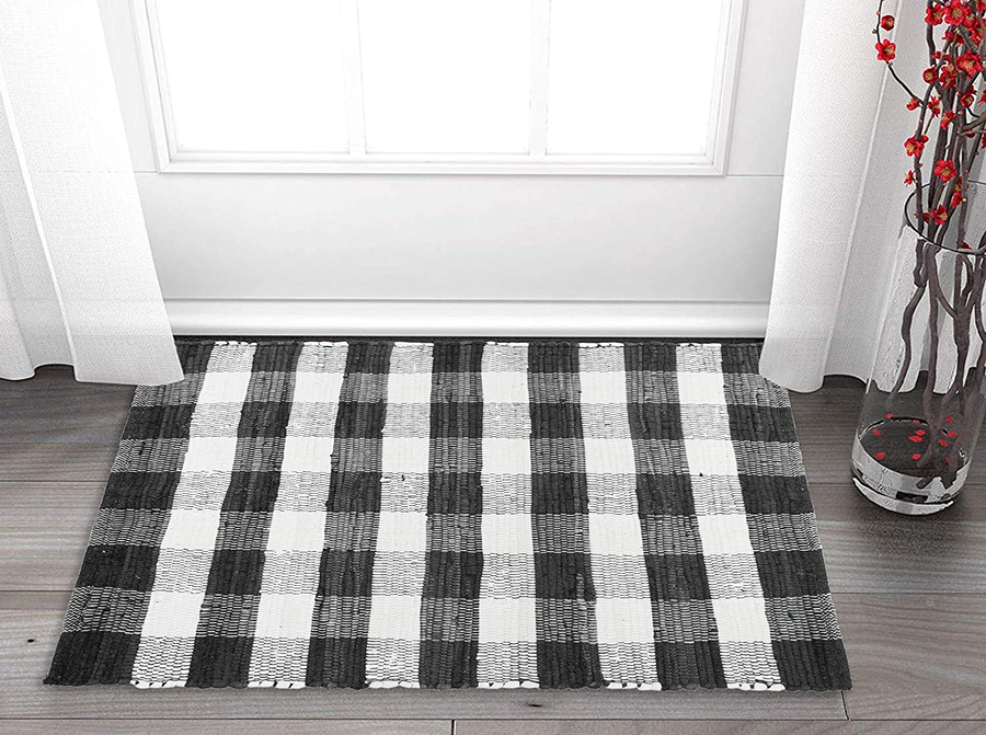 Avelena | Glamburg Baumwolle Wendeteppich 2' X 6' Für Schlafzimmer Wohnzimmer Küche Flur Eingangstür Waschküche, Handgewebte Landhaus Bodenmatte, Waschbarer Karierter Läufer Teppich Schwarz Weiß