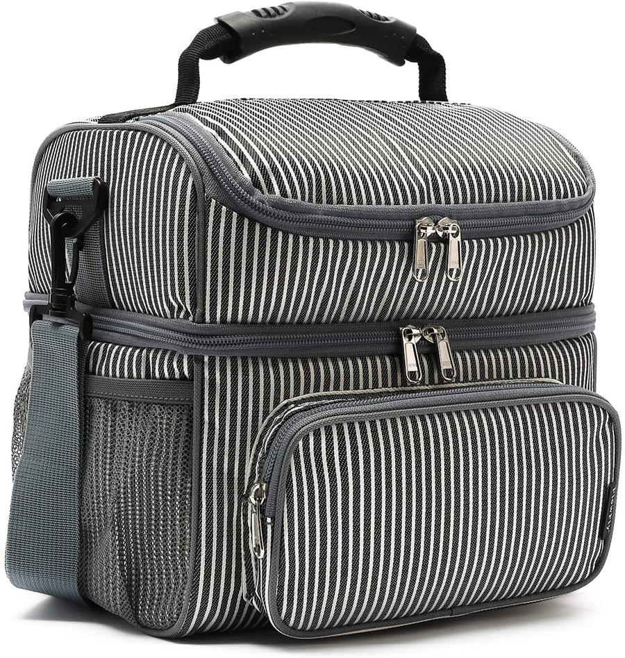 Avelena | Flowfly Doppelschicht Kühltasche Isolierte Lunch Tasche Große Tragetasche Für Männer, Frauen, Mit Verstellbarem Schultergurt, Vordertasche Und Doppelten Großen Mesh-Seitentaschen, Weiß & Schwarze Streifen