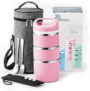 Avelena | Lille Home Stable Edelstahl Thermo-Fach Lunch/Snack Box, 3-schichtiger isolierter Bento/Essen Container mit verbessertem Lunch Bag, tragbare Besteckset und 3 extra Silikondichtungen, 43oz, Pink