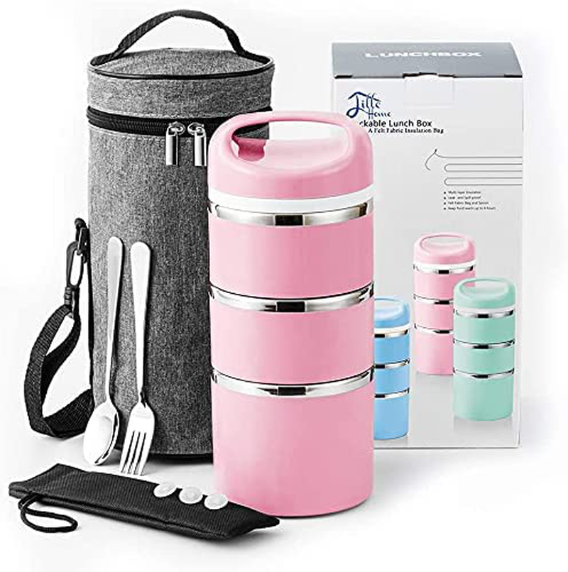 Avelena | Lille Home Stable Edelstahl Thermo-Fach Lunch/Snack Box, 3-schichtiger isolierter Bento/Essen Container mit verbessertem Lunch Bag, tragbare Besteckset und 3 extra Silikondichtungen, 43oz, Pink