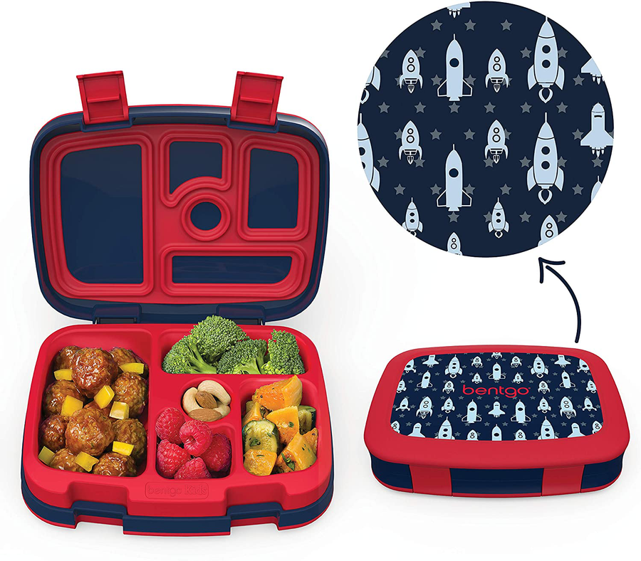 Avelena | Bentgo Kids Prints (Raumraketen) - Auslaufsicher, 5-teiliges Bento-Stil Vorschul-Lunchbox - Ideale Portionsgrößen für 3 bis 7 Jahre - BPA-frei und lebensmittelsichere Materialien