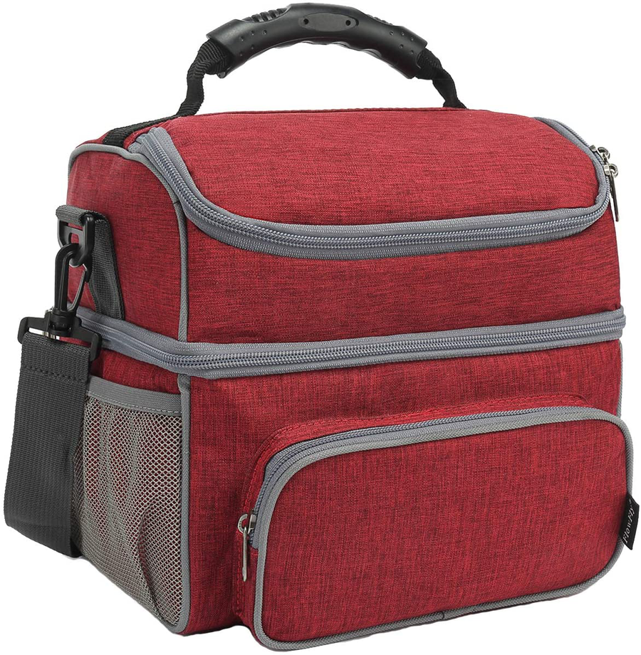 Avelena | Flowfly Doppelschicht Kühltasche Isolierte Lunchbox Erwachsene Lunch Tasche Große Tragetasche Für Männer, Frauen, Mit Verstellbarem Riemen, Fronttasche Und Doppelgroßen Netztaschen An Den Seiten, Rot
