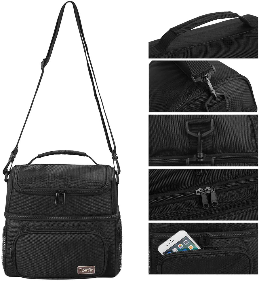 Avelena | Flowfly Doppelschicht Kühltasche Isolierte Lunch Tasche Große Tragetasche Für Männer, Frauen, Mit Verstellbarem Schultergurt, Vordertasche Und Doppelten Großen Mesh-Seitentaschen, Weiß & Schwarze Streifen