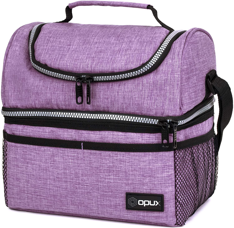 Avelena | Isolierte duale Fächer-Lunch-Tasche für Frauen, Damen | Doppelschicht wiederverwendbare Lunch-Box-Kühler mit Schultergurt, auslaufsichere Innenauskleidung | Mittelgroßer Lunch-Eimer für Schule, Arbeit, Büro (Heather Purple)