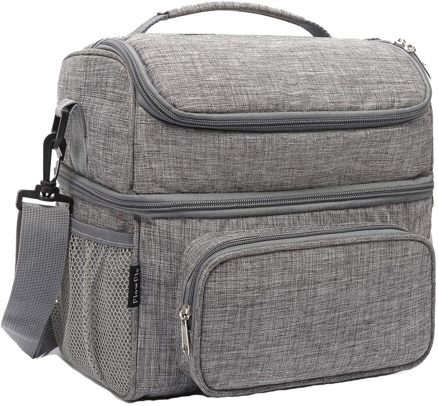 Avelena | Flowfly Doppelschicht Kühltasche Isolierte Lunchbox Große Tragetasche Für Männer, Frauen, Mit Verstellbarem Riemen, Vorderfach Und Doppeltes Netzfach An Der Seite, Grau