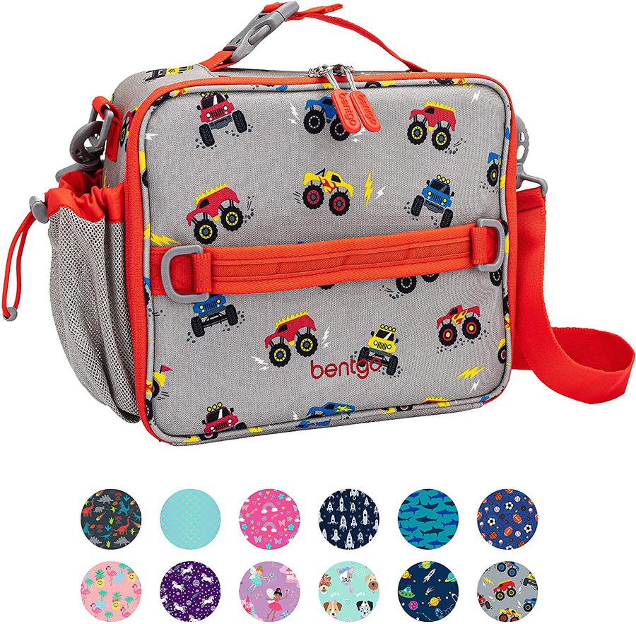 Avelena | Bentgo Kids Prints Lunch Bag - Doppelisoliert, langlebig, wasserabweisender Stoff mit internen und externen Reißverschlusstaschen und externem Flaschenhalter - Ideal für Kinder jeden Alters (Cars)