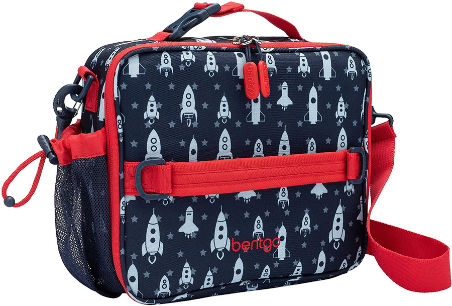 Avelena | Bentgo Kids Prints Lunchbag - Doppelisoliert, langlebiger, wasserabweisender Stoff mit internen und externen Reißverschlusstaschen und externem Flaschenhalter - Ideal für Kinder jeden Alters (Rakete)