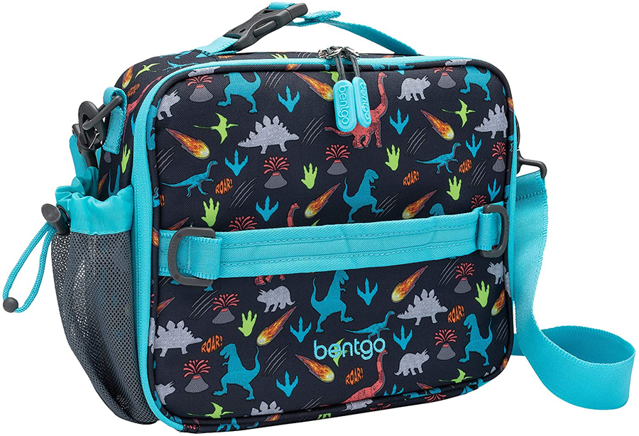 Avelena | Bentgo Kids Prints Lunch Bag - Doppelt isoliert, langlebige, wasserabweisende Stoffe mit inneren und äußeren Reißverschlusstaschen sowie einem äußeren Flaschenhalter - Ideal für Kinder jeden Alters (Dinosaurier)