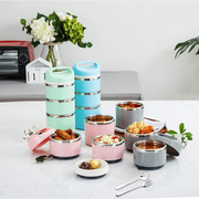 Avelena | Little Home Stapelbare Edelstahl-Mehrfach-Lunch/Snack-Box, 3-lagiger isolierter Bento/Essen-Behälter mit verbesserter Lunch-Tasche, tragbarem Besteckset und 3 zusätzlichen Silikon-Dichtungen, 43oz, Gold