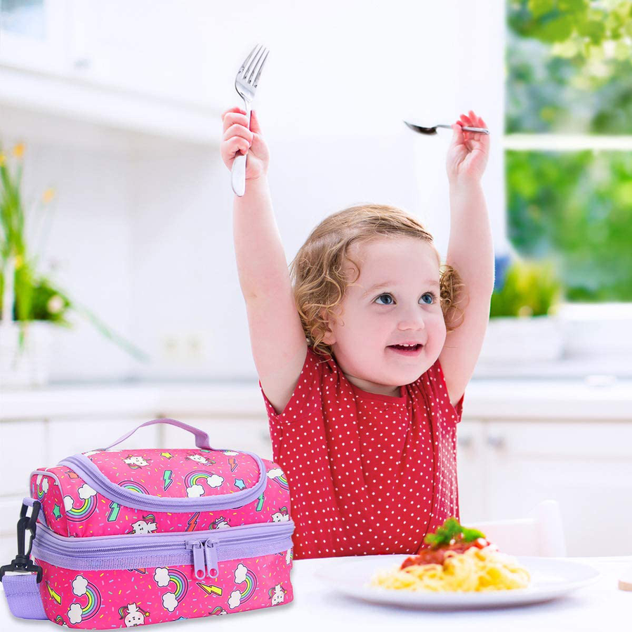 Avelena | Lunchbox für Mädchen, Kasqo isolierte Kühltasche Kinder Mittagessen Tragetasche mit doppeltem Fach, rosa Katze