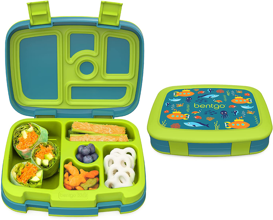 Avelena | Bentgo Kids Prints Auslaufsicher, 5-Fächer Bento-Stil Kinder-Mittagessenbox - Ideale Portionsgrößen für Kinder von 3 bis 7 Jahren - BPA-frei, Spülmaschinenfest, Lebensmittelecht, Materialien - 2021 Kollektion (U-Boot)