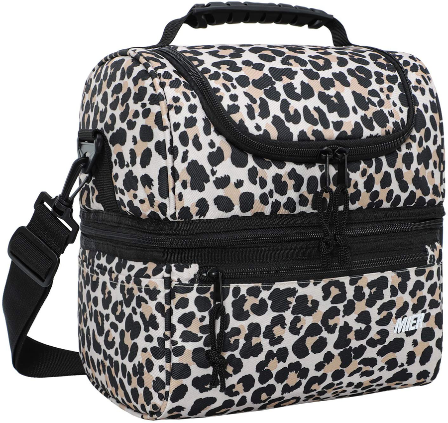 Avelena | Mier Erwachsenen Mittagessen Box Isolierte Lebensmittel Tasche Große Kühltasche für Frauen, Doppeldecker Kühler, Leopard (Groß)