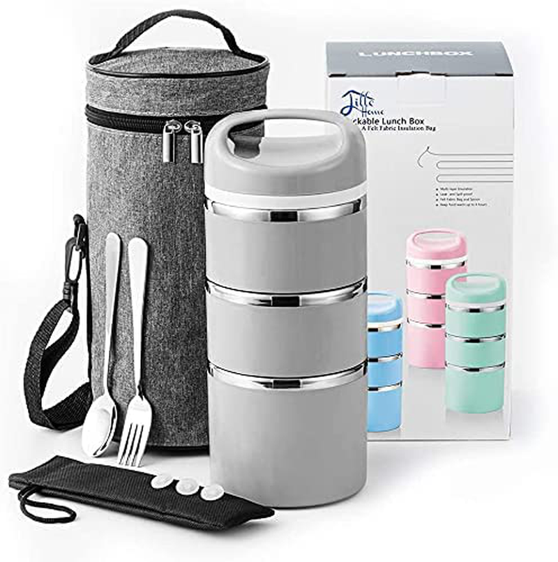 Avelena | Little Home Stable Edelstahl Thermo Fach Mittagessen/Essen Box, 3-Layer Isolierte Bento/Mahlzeit Container Mit Verbesserter Lunch Tasche, Tragbare Besteckset Und 3 Extra Silikon-Dichtungen, 43 Oz, Blau