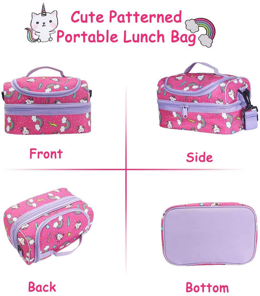 Avelena | Lunchbox für Mädchen, Kasqo isolierte Kühltasche Kinder Mittagessen Tragetasche mit doppeltem Fach, rosa Katze