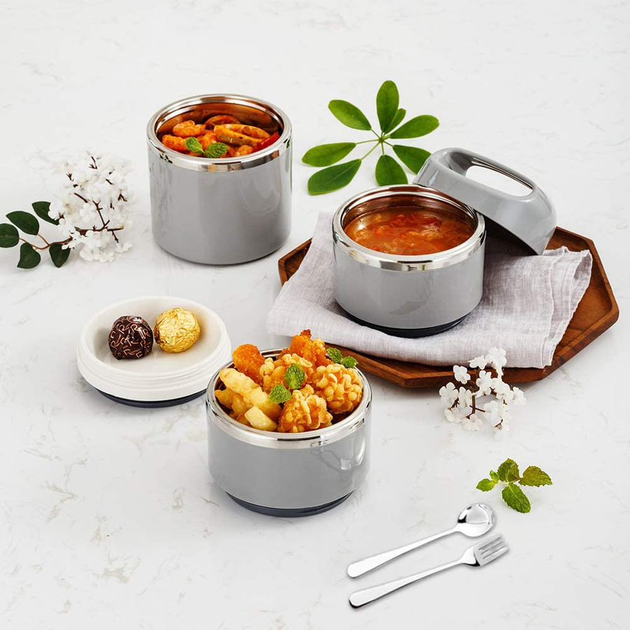 Avelena | Little Home Stapelbare Edelstahl-Mehrfach-Lunch/Snack-Box, 3-lagiger isolierter Bento/Essen-Behälter mit verbesserter Lunch-Tasche, tragbarem Besteckset und 3 zusätzlichen Silikon-Dichtungen, 43oz, Gold