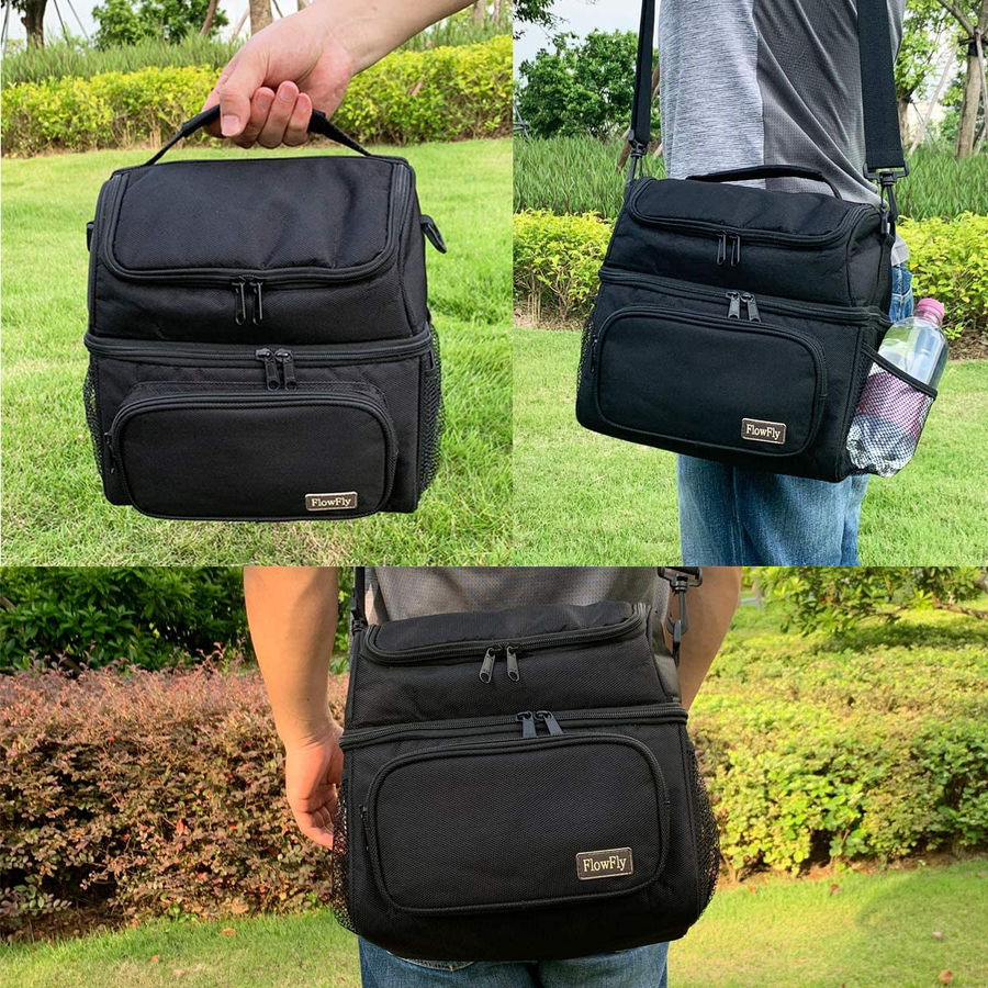 Avelena | Flowfly Doppelschicht Kühltasche Isolierte Lunchbox Große Tragetasche Für Männer, Frauen, Mit Verstellbarem Riemen, Vorderfach Und Doppeltes Netzfach An Der Seite, Grau
