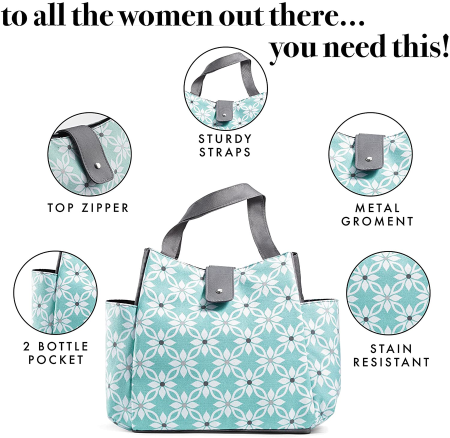 Avelena | Fit + Fresh Westport Isolierte, weich gefütterte Lunchbag-Set mit wiederverwendbaren Behältern und passender Wasserflasche, Schwarz & Weiß Ikat-Fliesen