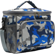 Avelena | Flowfly Isolierte Wiederverwendbare Lunch Tasche Erwachsene Große Lunch Box Für Frauen Und Männer Mit Verstellbarem Schultergurt Vordertasche Mit Reißverschluss Und Doppelte Netztaschen An Den Seiten, Blau Camouflage