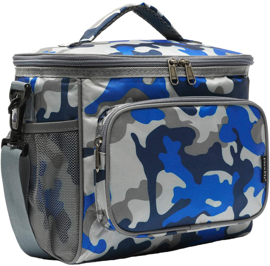 Avelena | Flowfly Isolierte Wiederverwendbare Lunch Tasche Erwachsene Große Lunch Box Für Frauen Und Männer Mit Verstellbarem Schultergurt Vordertasche Mit Reißverschluss Und Doppelte Netztaschen An Den Seiten, Blau Camouflage