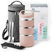 Avelena | Little Home Stapelbare Edelstahl-Mehrfach-Lunch/Snack-Box, 3-lagiger isolierter Bento/Essen-Behälter mit verbesserter Lunch-Tasche, tragbarem Besteckset und 3 zusätzlichen Silikon-Dichtungen, 43oz, Gold