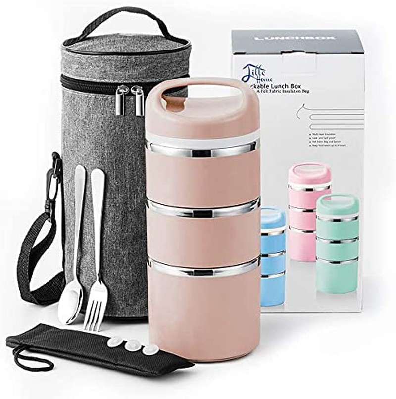 Avelena | Little Home Stapelbare Edelstahl-Mehrfach-Lunch/Snack-Box, 3-lagiger isolierter Bento/Essen-Behälter mit verbesserter Lunch-Tasche, tragbarem Besteckset und 3 zusätzlichen Silikon-Dichtungen, 43oz, Gold