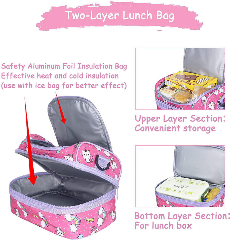 Avelena | Lunchbox für Mädchen, Kasqo isolierte Kühltasche Kinder Mittagessen Tragetasche mit doppeltem Fach, rosa Katze