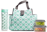 Avelena | Fit + Fresh Westport Isolierte, weich gefütterte Lunchbag-Set mit wiederverwendbaren Behältern und passender Wasserflasche, Schwarz & Weiß Ikat-Fliesen