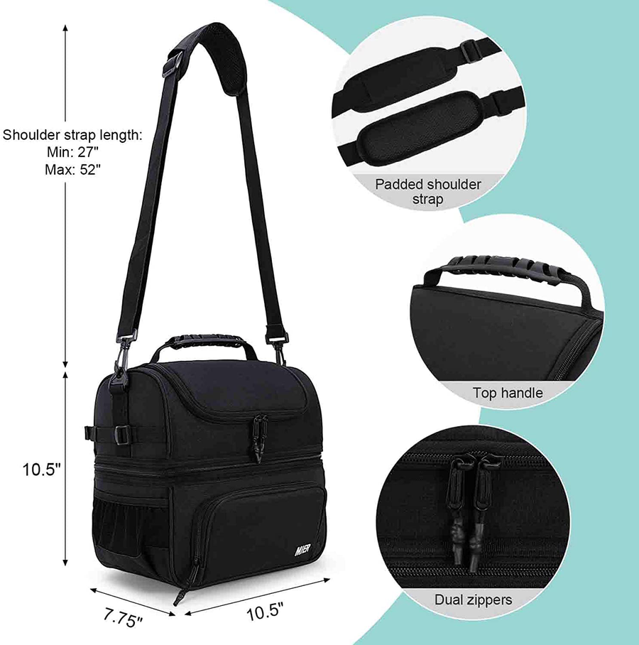 Avelena | Mier Doppelte Fächer Lunch Bag Tote mit Schulterriemen für Männer und Frauen isolierte auslaufhemmende Kühl-Tasche, Schwarz
