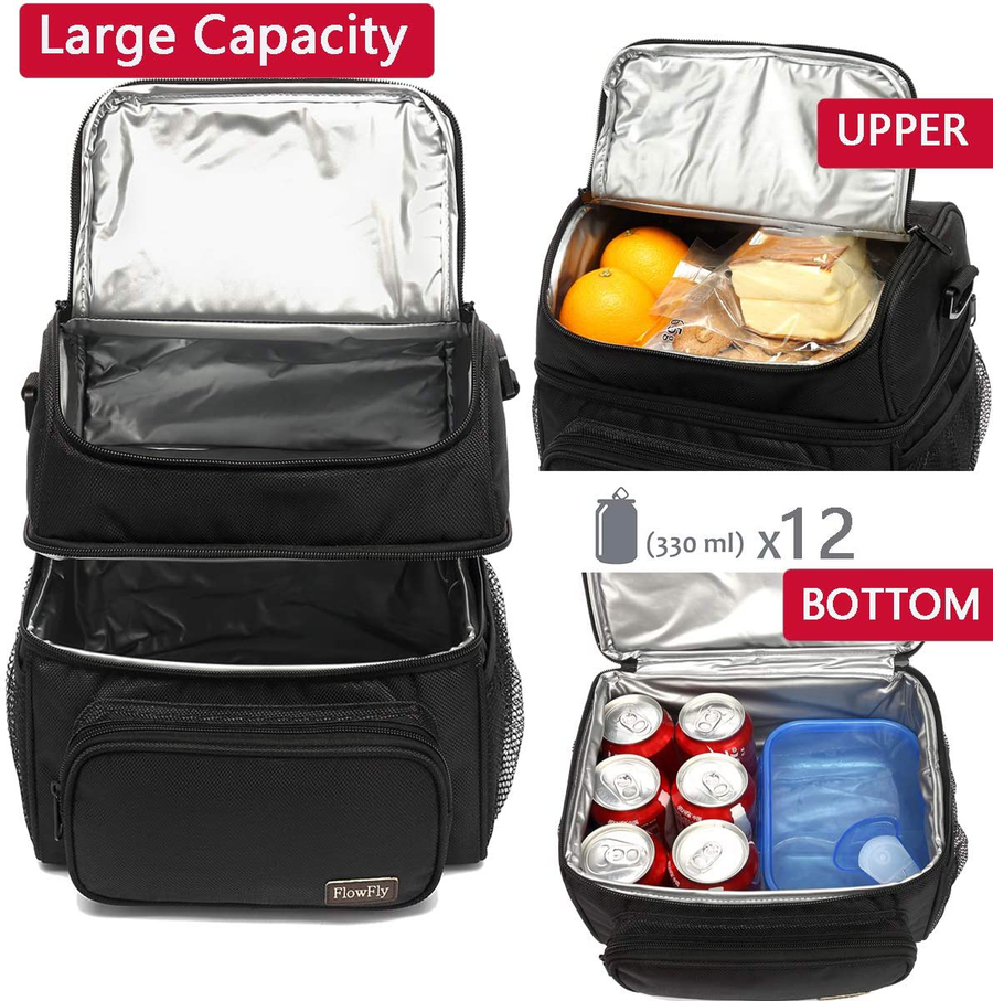 Avelena | Flowfly Doppelschicht Kühltasche Isolierte Lunch Tasche Große Tragetasche Für Männer, Frauen, Mit Verstellbarem Schultergurt, Vordertasche Und Doppelten Großen Mesh-Seitentaschen, Weiß & Schwarze Streifen