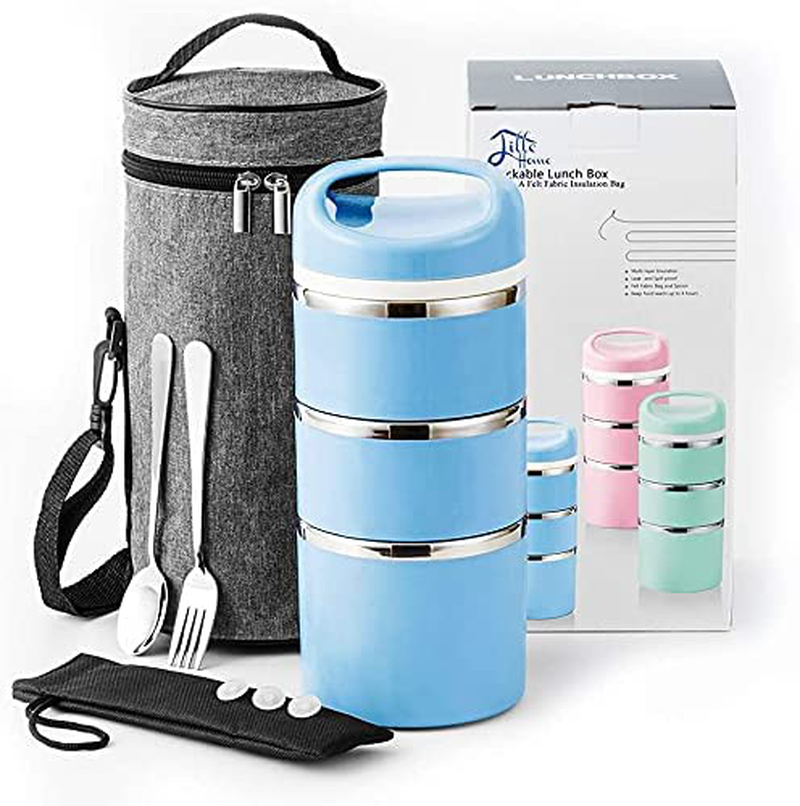 Avelena | Little Home Stable Edelstahl Thermo Fach Mittagessen/Essen Box, 3-Layer Isolierte Bento/Mahlzeit Container Mit Verbesserter Lunch Tasche, Tragbare Besteckset Und 3 Extra Silikon-Dichtungen, 43 Oz, Blau