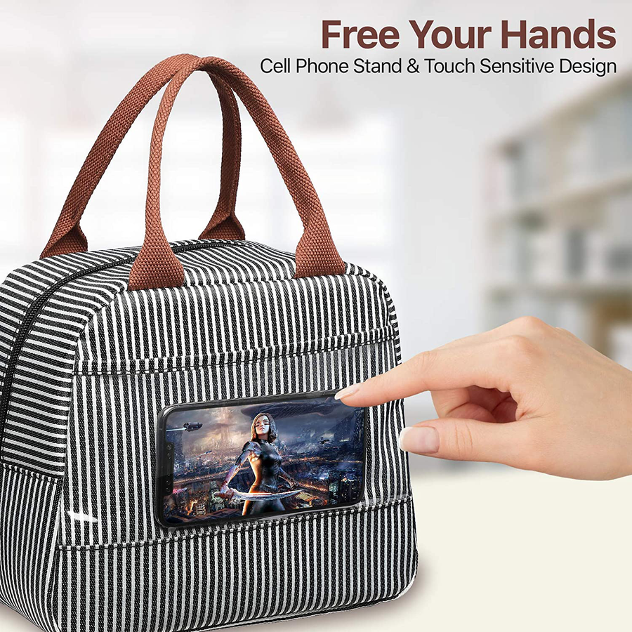 Avelena | Lunchbag, Bagseri Isolierte Lunchbags für Frauen und Männer, Mit Transparenter Handyhalter-Tasche, Wiederverwendbare Lunch-Kühlerbox Thermo-Organizer, Wasserdichte Ausstattung (Schwarz Weiß Streifen)
