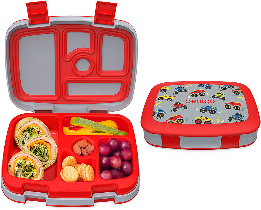 Avelena | Bentgo Kids Prints Auslaufsicher, 5-Fächer Bento-Stil Kinder Lunchbox - Ideale Portionen für Kinder von 3 bis 7 Jahren - BPA-frei, Spülmaschinenfest, Lebensmittelsichere Materialien - 2021 Kollektion (Lastwagen)