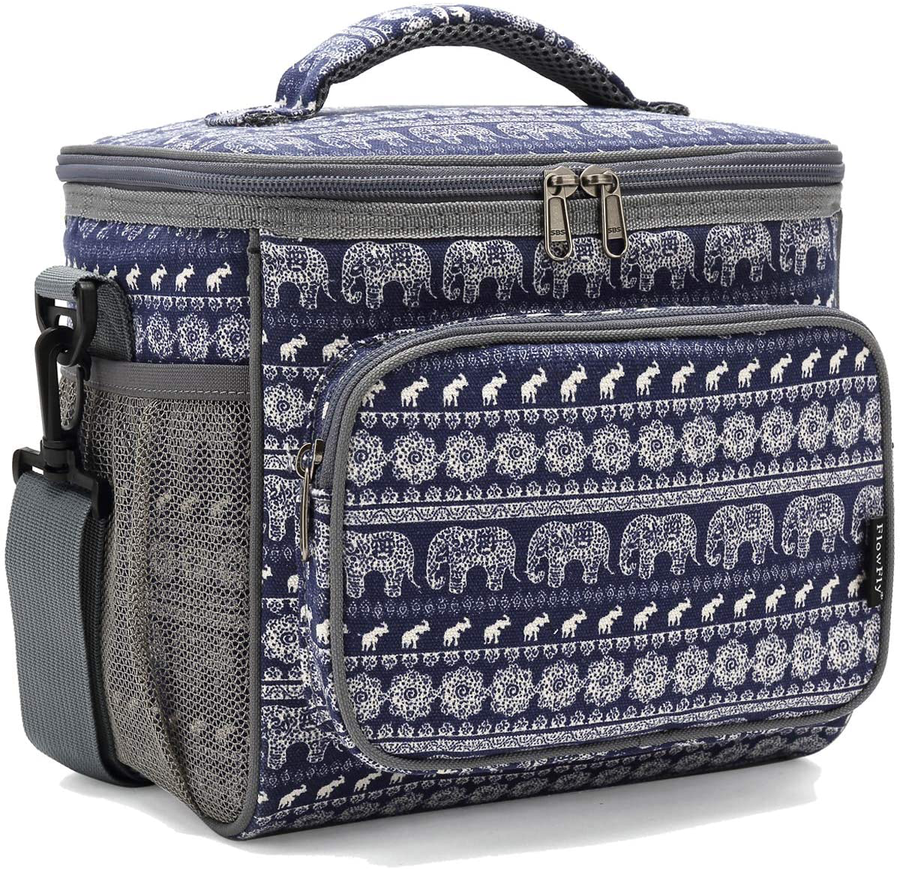 Avelena | Flowfly Isolierte Wiederverwendbare Lunch-Tasche Erwachsene Große Lunch-Box Für Frauen Und Männer Mit Verstellbarem Schultergurt Vorderes Reißverschlussfach Und Doppelten Großen Netztaschen An Der Seite, Elephant