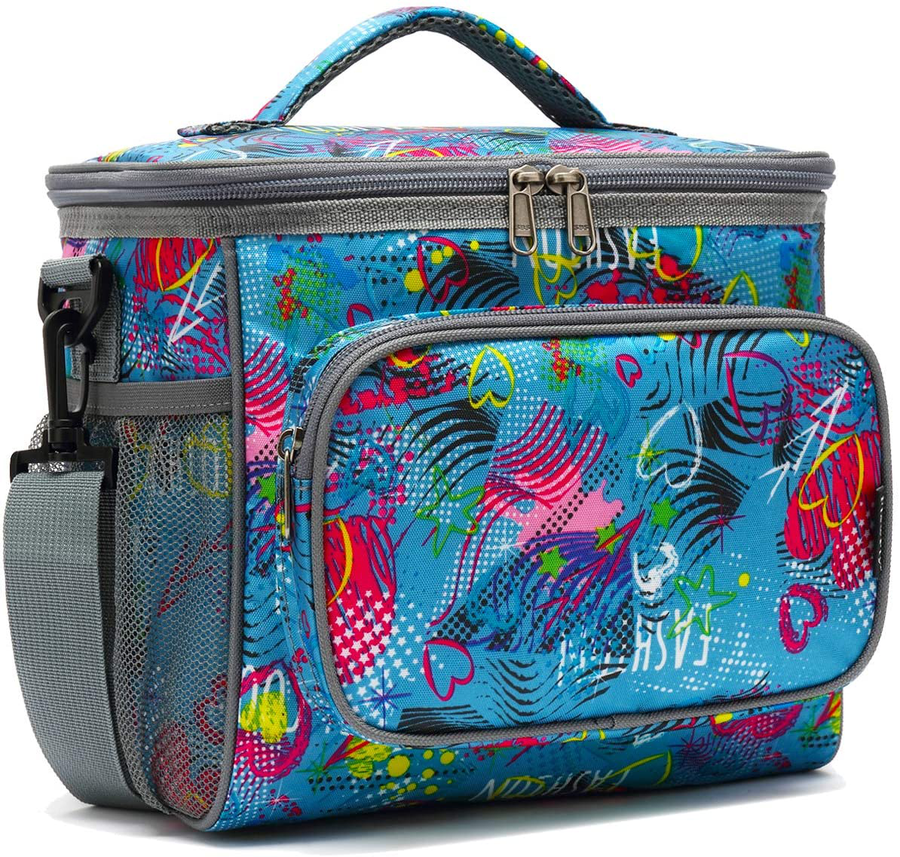 Avelena | Flowfly Isolierte Wiederverwendbare Lunch-Tasche Erwachsene Große Lunch-Box Für Frauen Und Männer Mit Verstellbarem Schultergurt Vorderentasche Mit Reißverschluss Und Doppelten Großen Netztaschen An Der Seite, Herz