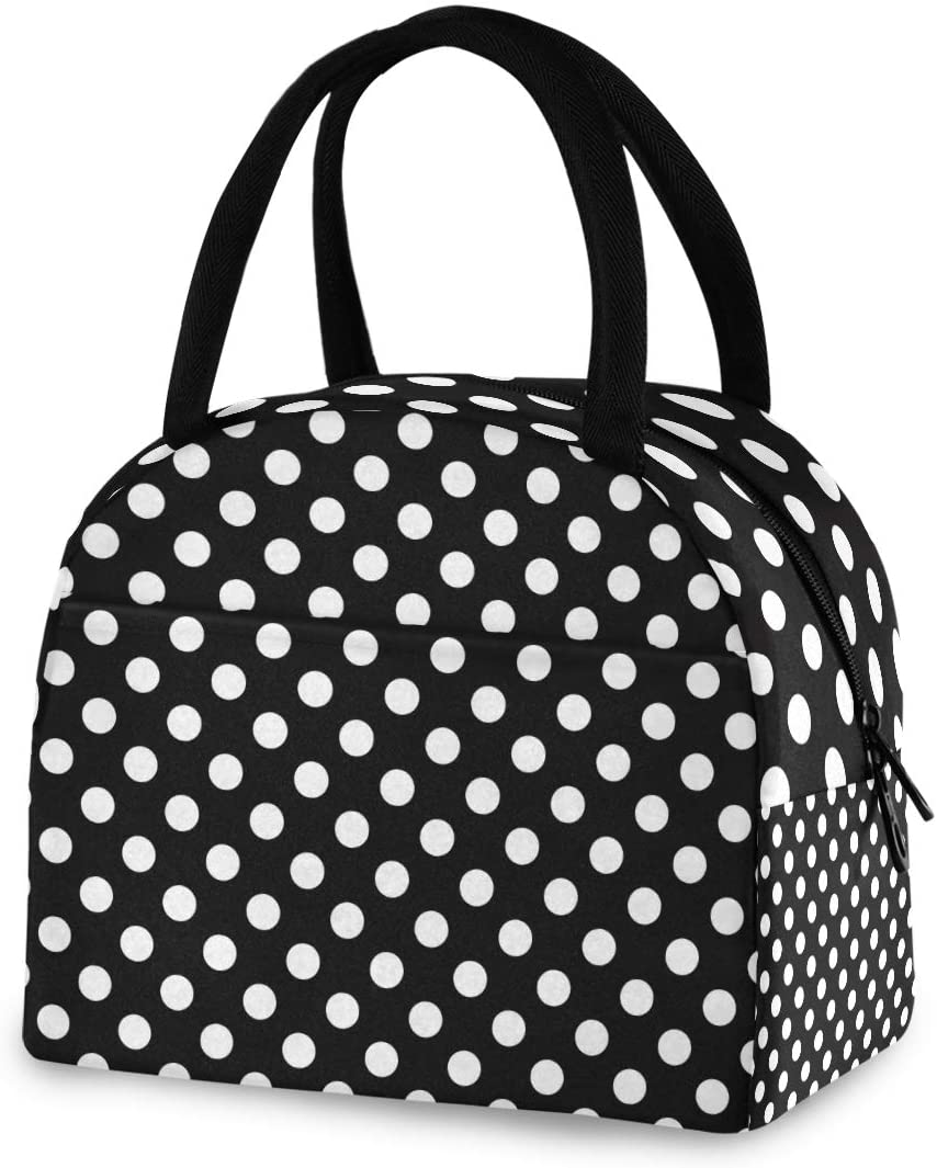 Avelena | Zzkko Polka Dot Schwarz und Weiß Lunch Bag Box Tote Organizer Lunch Container Isoliert Reißverschluss Meal Prep Kühler Handtasche Für Frauen Männer Zuhause Schule Büro Außenbereich Nutzung