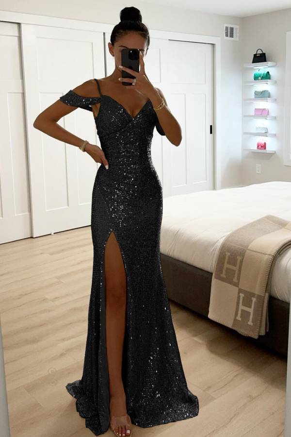 Heidi-Mode | Paillettenspitze Meerjungfrau Abschlussballkleider mit Schlitz Off-Shoulder Abendkleid