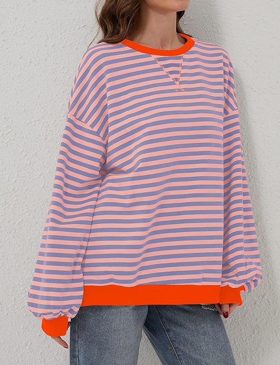 Helen Gestreifter Oversize Pullover mit Küstenflair | Orange / Blau