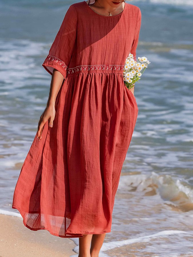 Helene | Damen Besticktes Baumwoll-Leinen Kleid