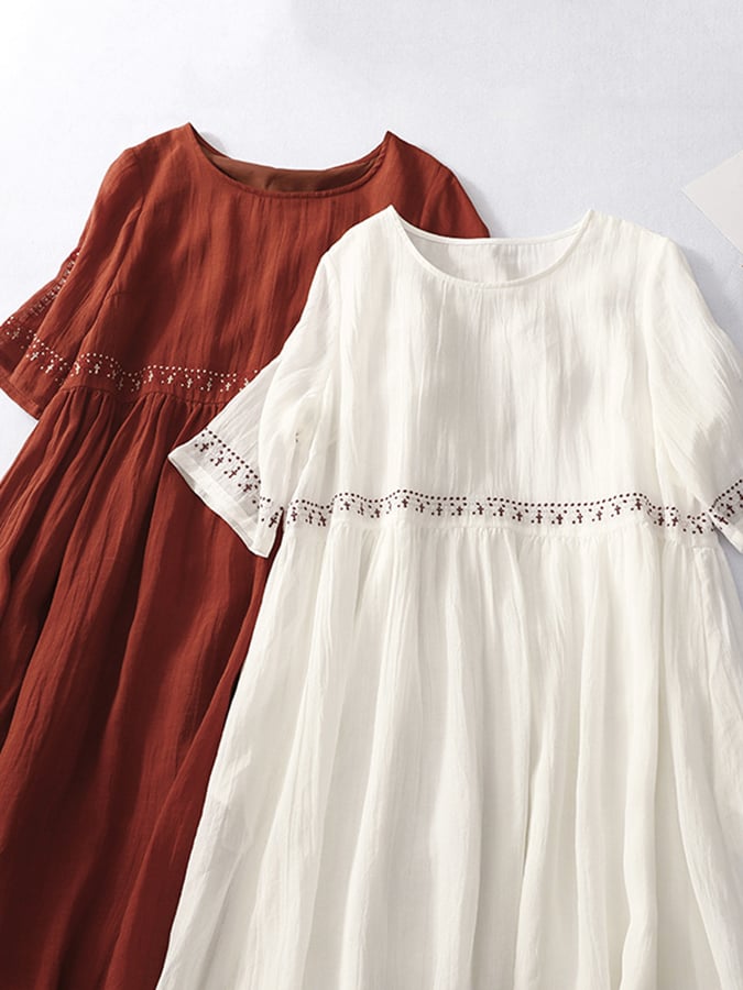 Helene | Damen Besticktes Baumwoll-Leinen Kleid