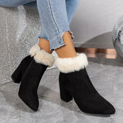 Rote Damen Stiefeletten – Elegante Ankle Boots mit Karierter Fellbesatz und Blockabsatz